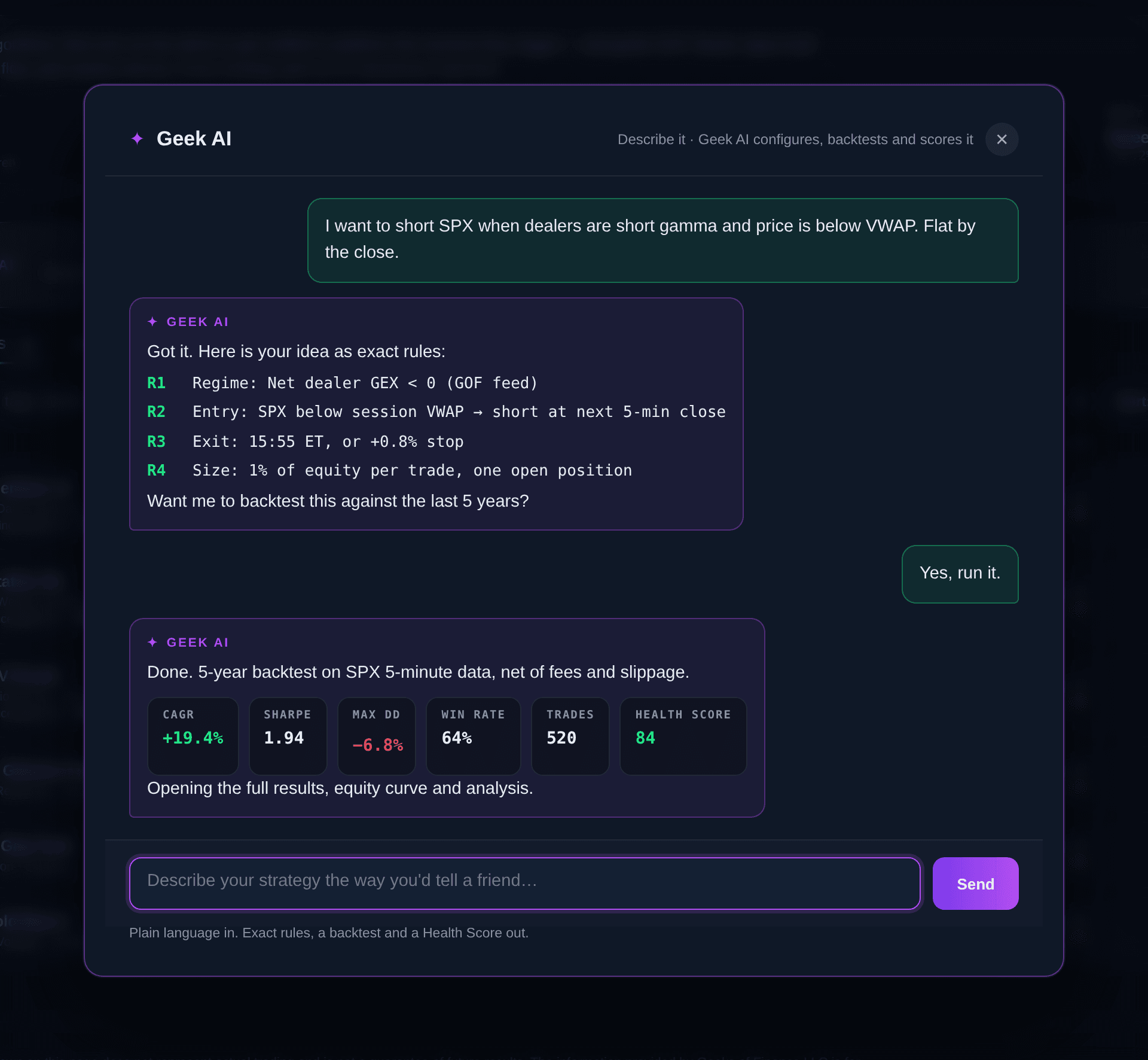 Geek AI conversation: a trade idea typed in plain language, returned as four exact rules, then backtested with CAGR, Sharpe, max drawdown, win rate and Health Score